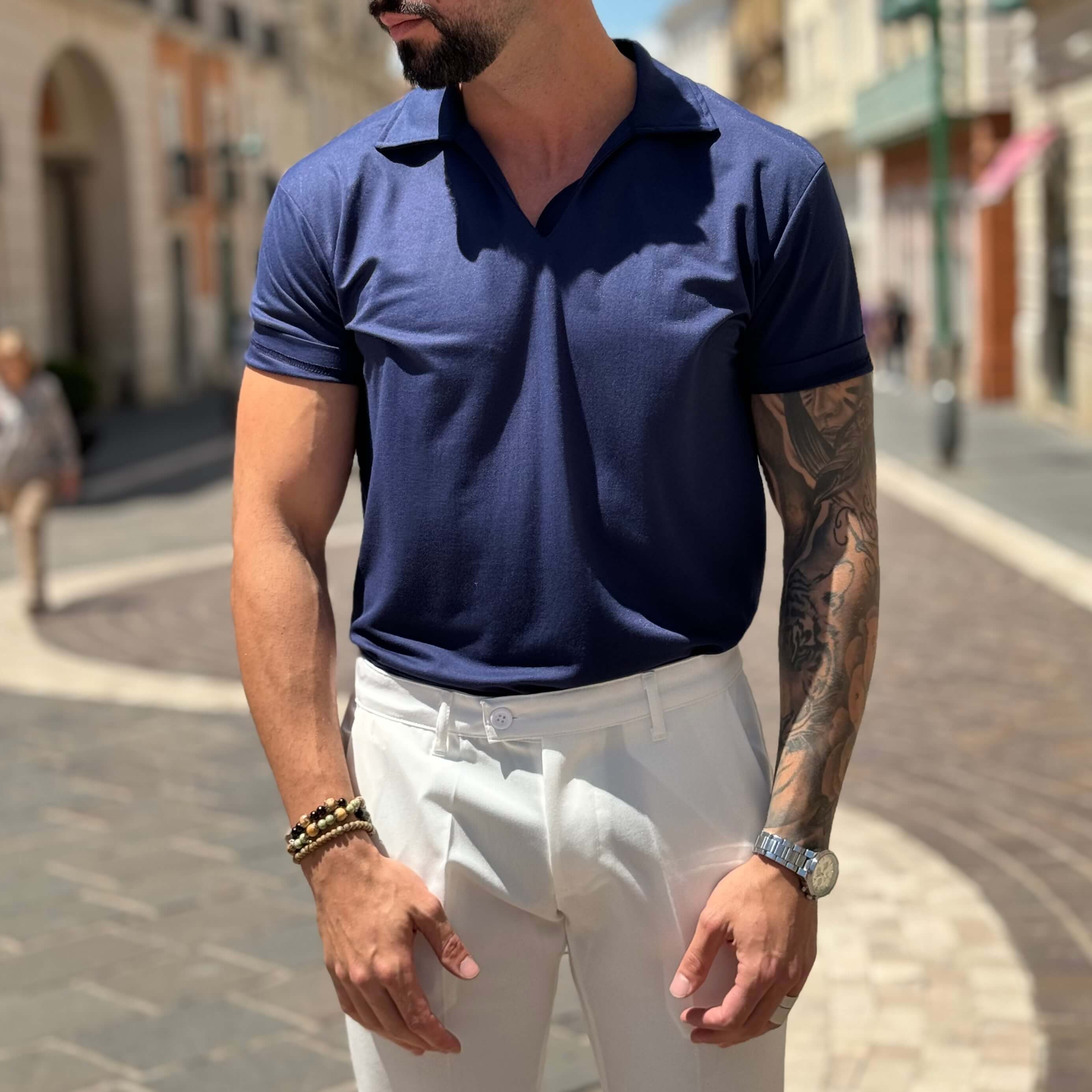 Polo blu mezza manica scollo a V senza bottoni - FLAG STORE