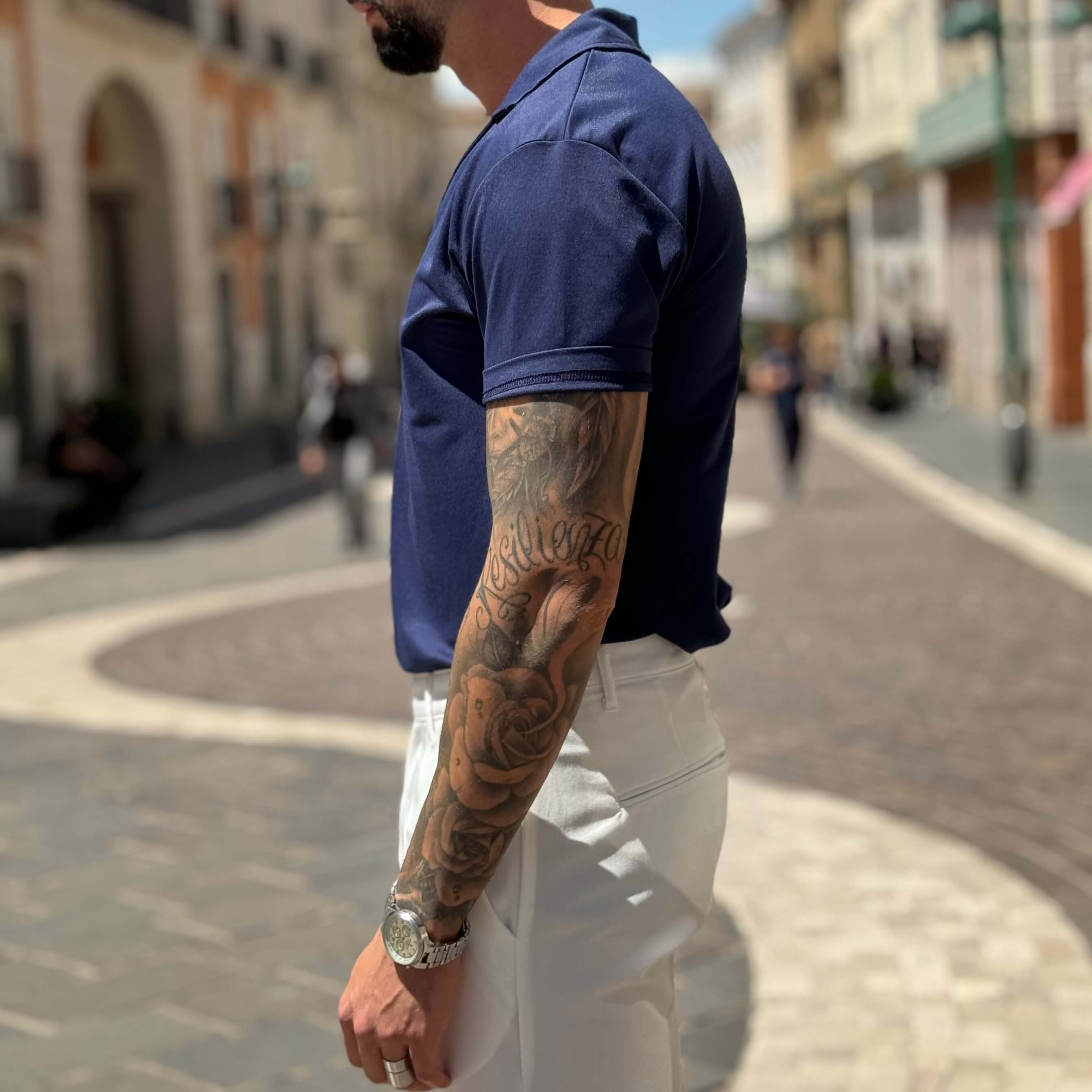 Polo blu mezza manica scollo a V senza bottoni - FLAG STORE