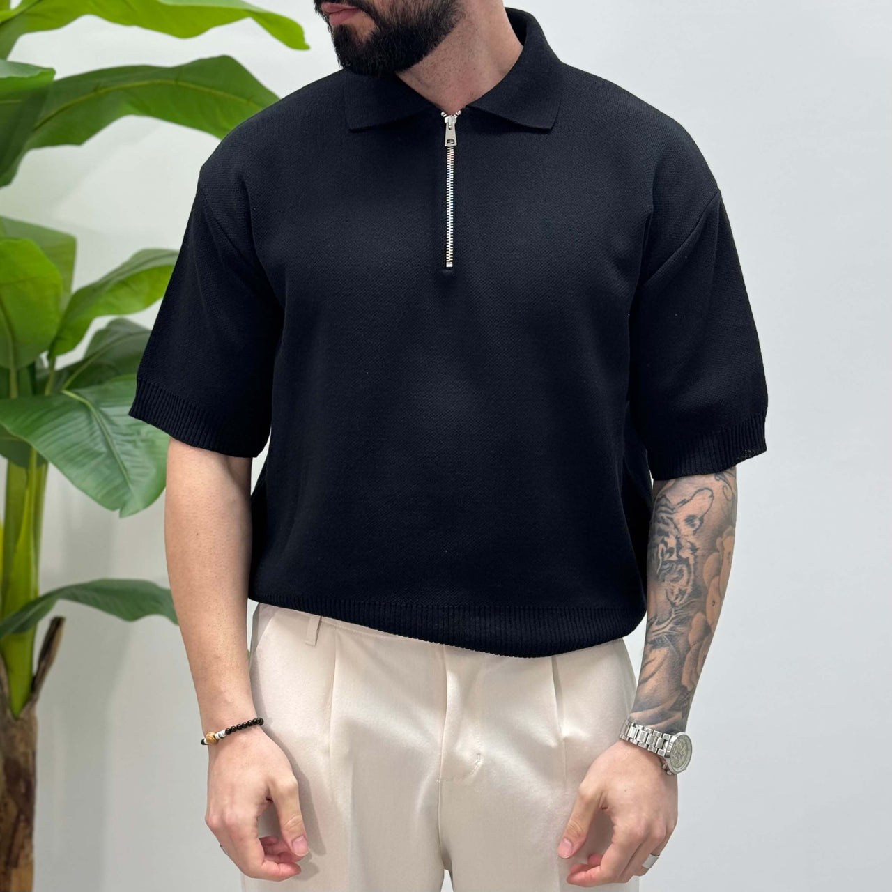 Polo cropped nera con cerniera mezza manica - FLAG STORE
