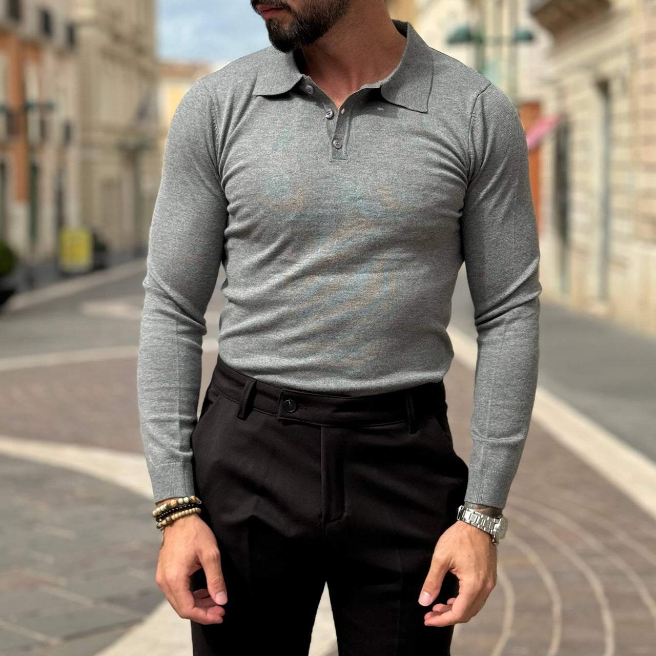 Polo grigio scuro maniche lunghe 2.0 - FLAG STORE