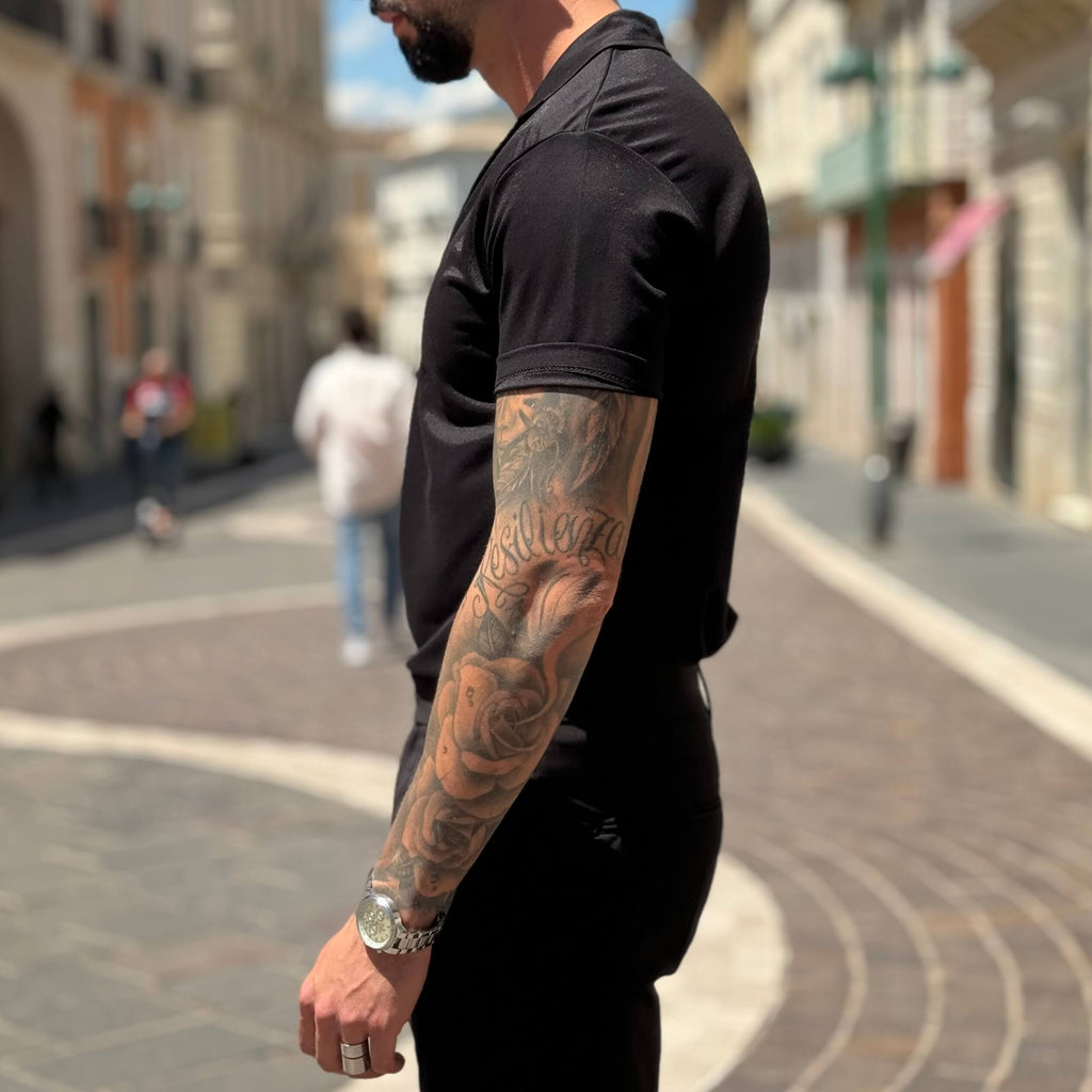 Polo nera mezza manica scollo a V senza bottoni - FLAG STORE