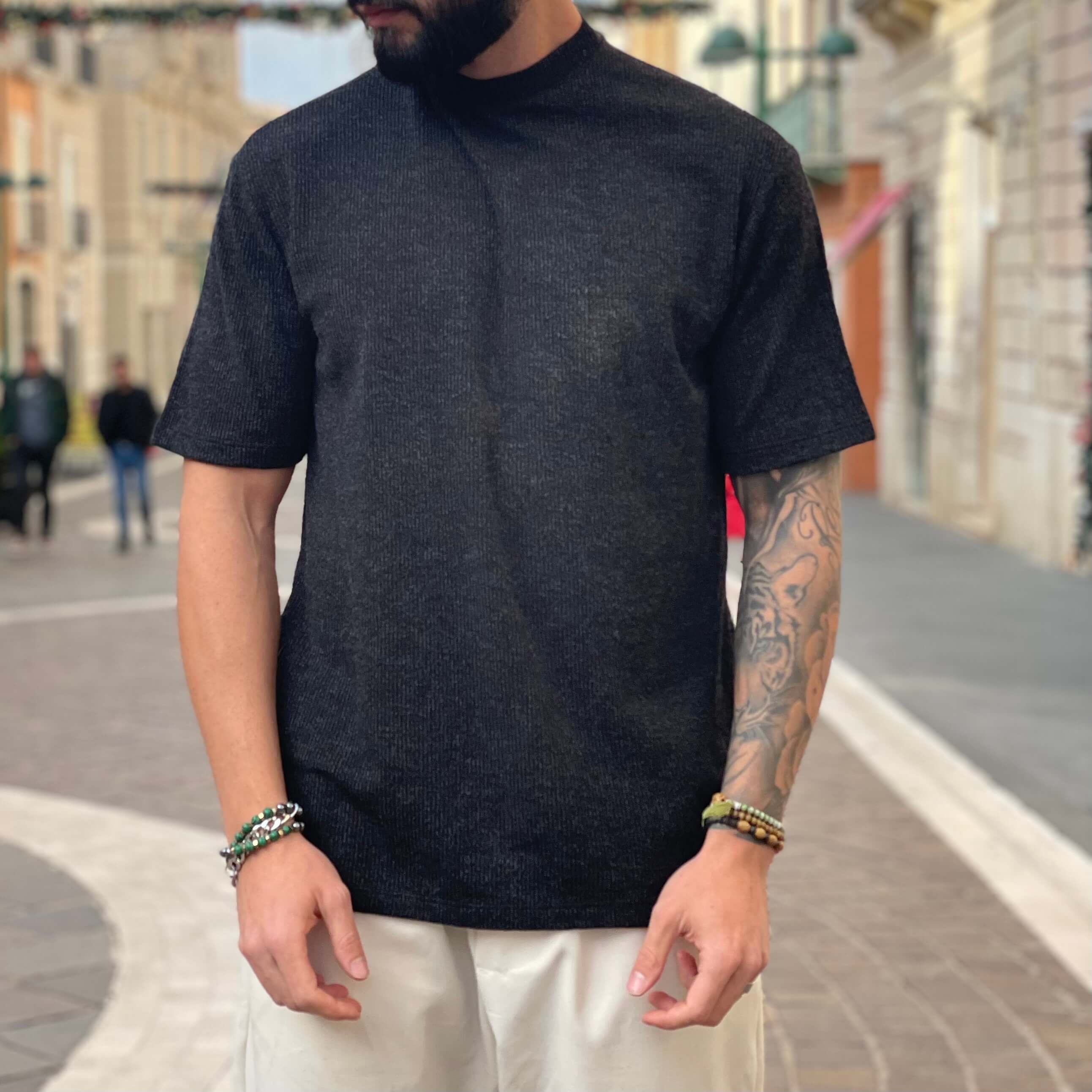 T-shirt in filo invernale nera - FLAG STORE