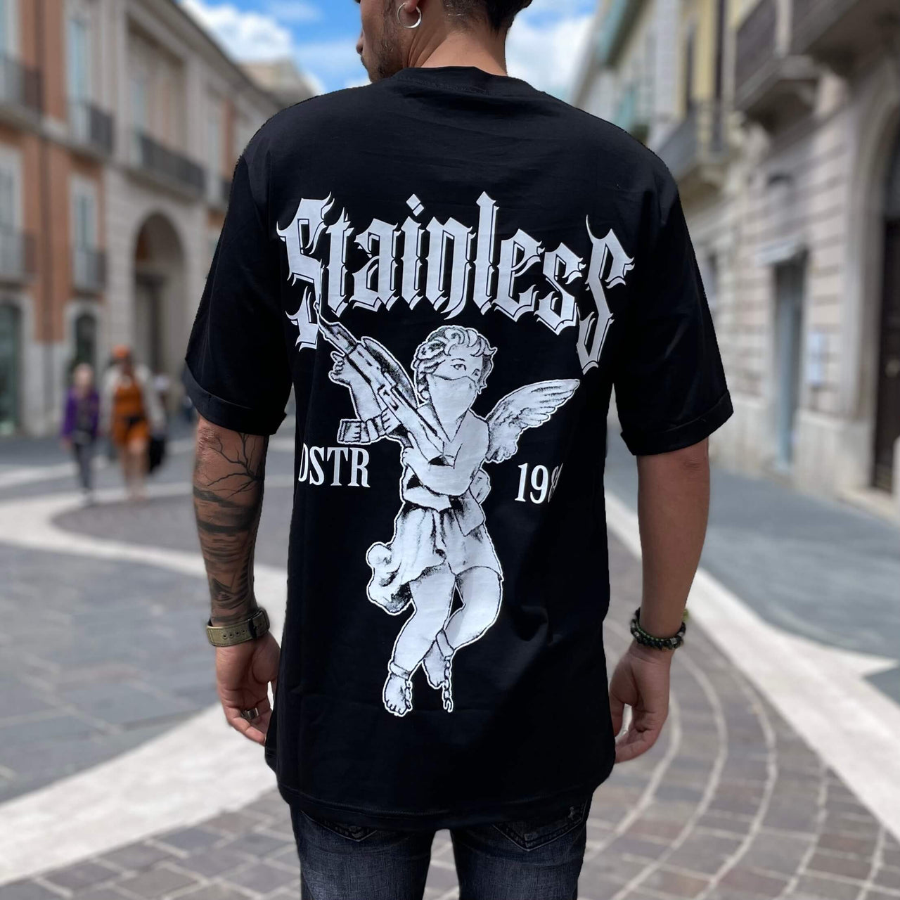 T-shirt nera stampa Stainless - FLAG STORE