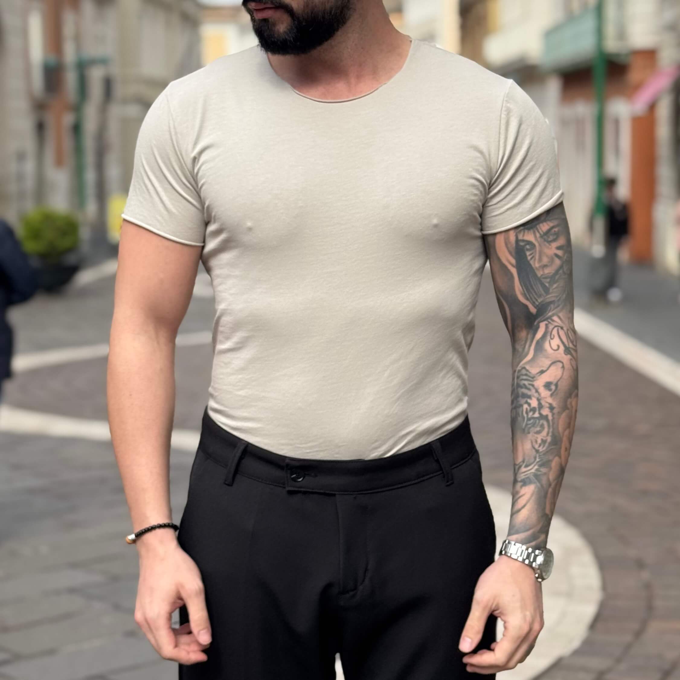 T-shirt sabbia scollo tondo taglio vivo - FLAG STORE