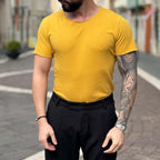 T-shirt senape scollo tondo taglio vivo - FLAG STORE