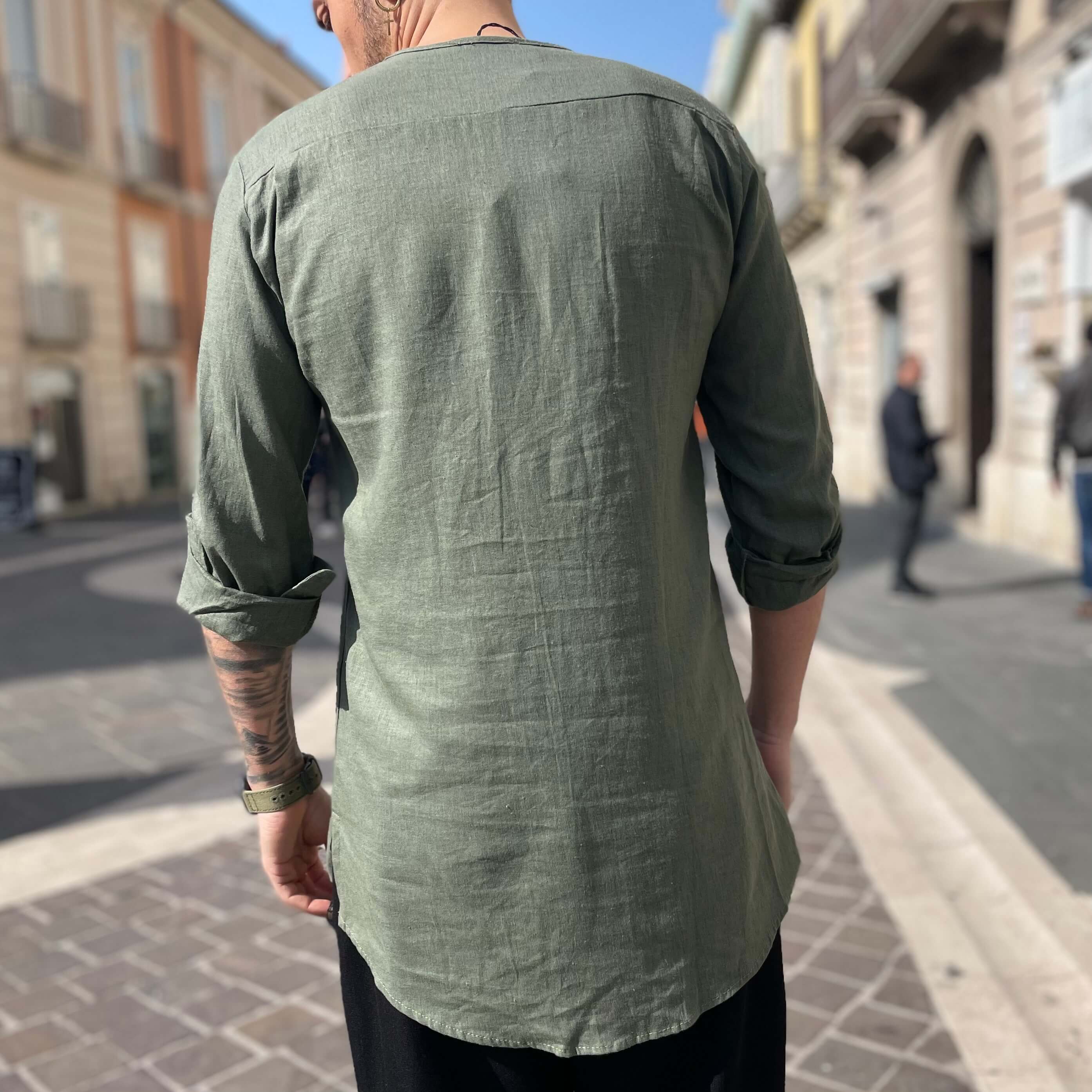Camicia di lino a casacca verde - FLAG STORE