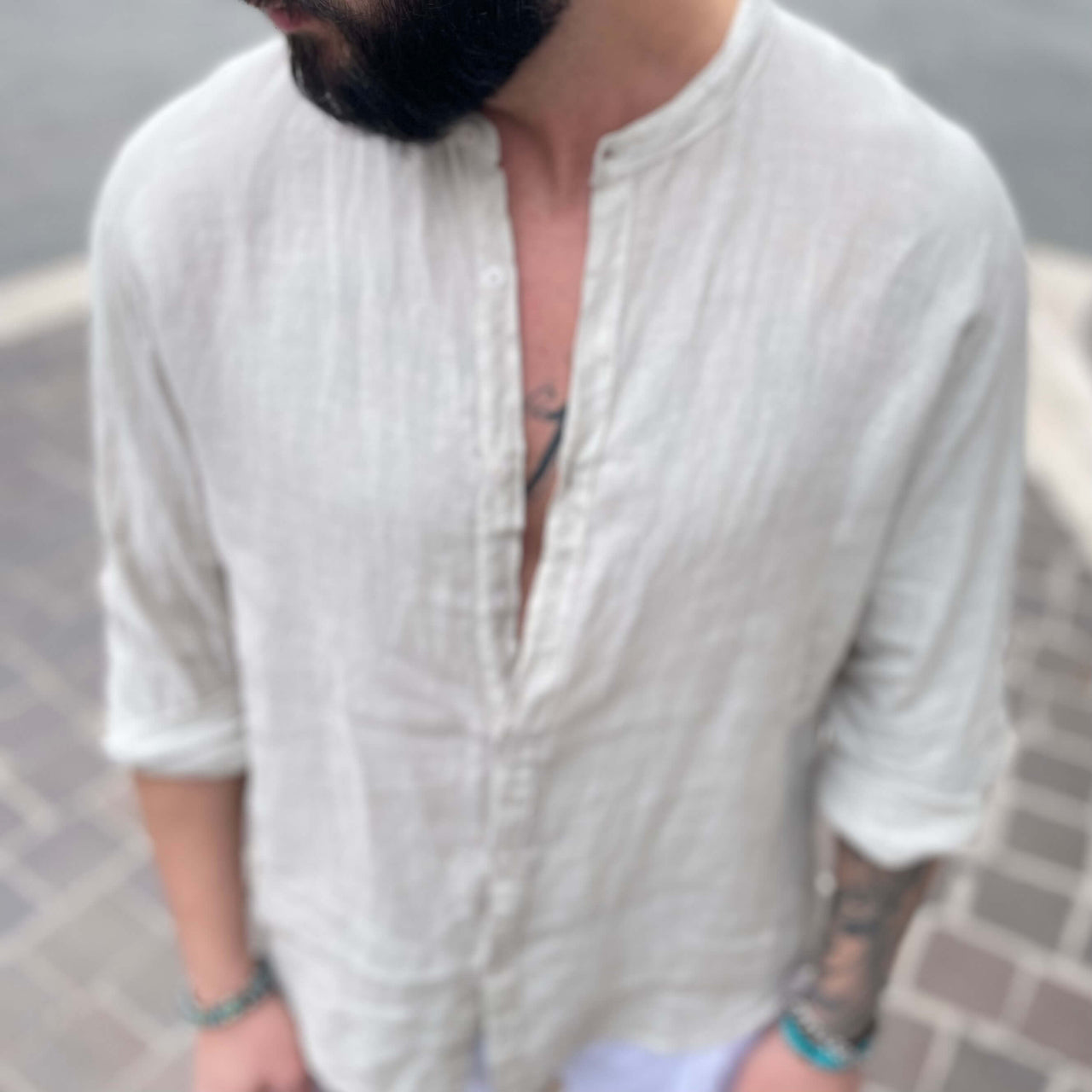 Camicia di lino sabbia collo coreano - FLAG STORE