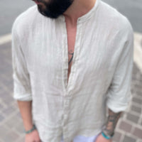 Thumbnail for Camicia di lino sabbia collo coreano - FLAG STORE