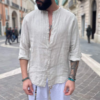 Thumbnail for Camicia di lino sabbia collo coreano - FLAG STORE