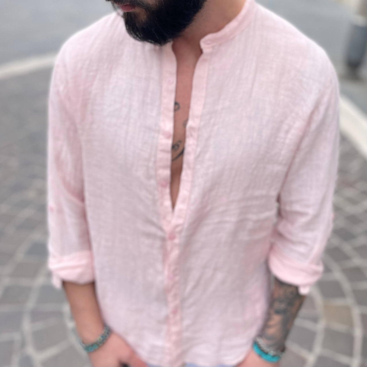 Camicia di lino rosa collo coreano 2.0 - FLAG STORE