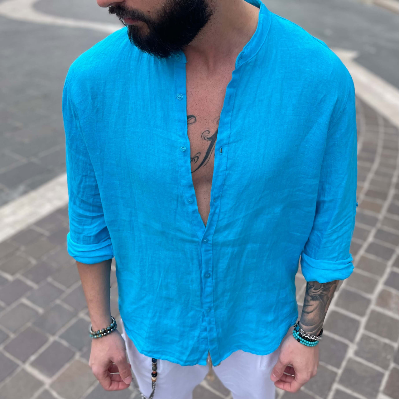 Camicia di lino turchese 2.0 collo coreano - FLAG STORE