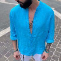 Thumbnail for Camicia di lino turchese 2.0 collo coreano - FLAG STORE