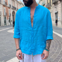 Thumbnail for Camicia di lino turchese 2.0 collo coreano - FLAG STORE