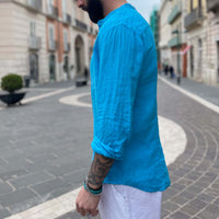Thumbnail for Camicia di lino turchese 2.0 collo coreano - FLAG STORE