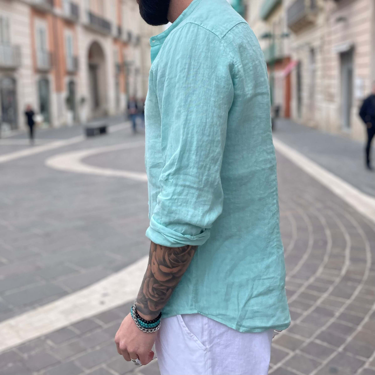 Camicia di lino verde acqua collo coreano - FLAG STORE