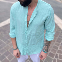 Thumbnail for Camicia di lino verde acqua collo coreano - FLAG STORE