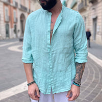 Thumbnail for Camicia di lino verde acqua collo coreano - FLAG STORE