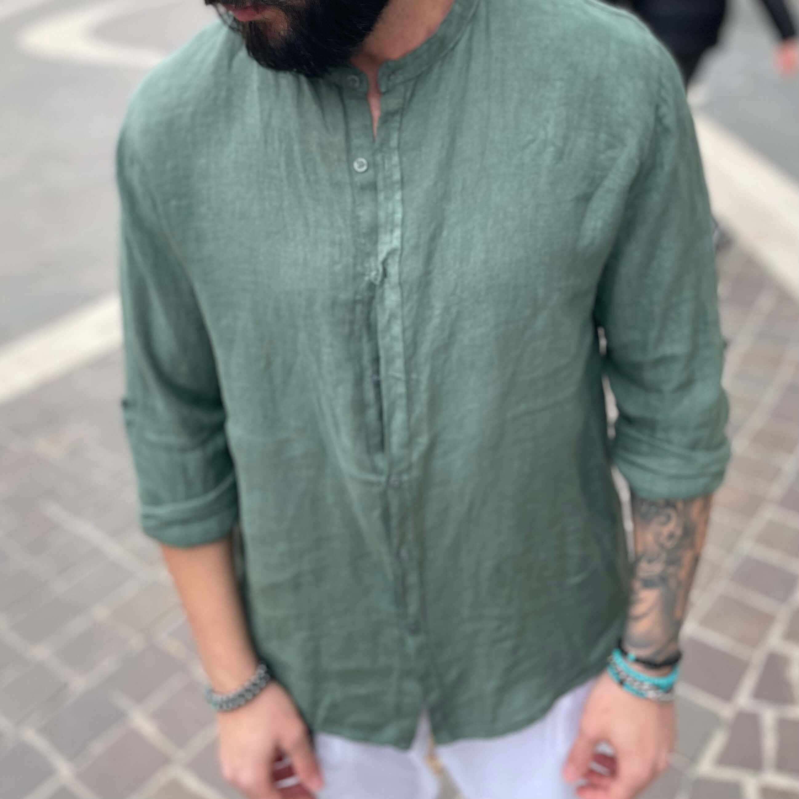 Camicia di lino verde collo coreano 2.0 - FLAG STORE