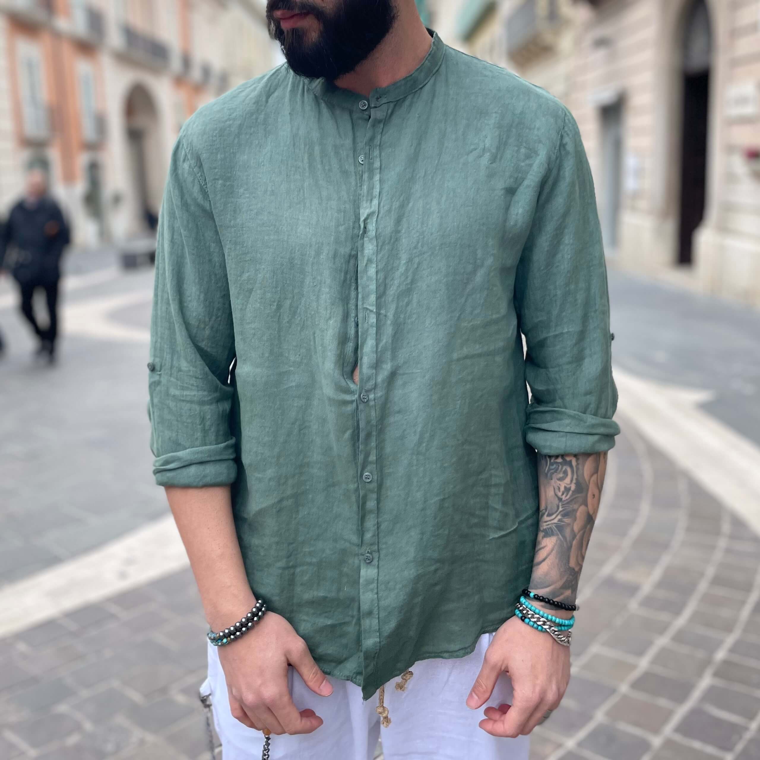 Camicia di lino verde collo coreano 2.0 - FLAG STORE