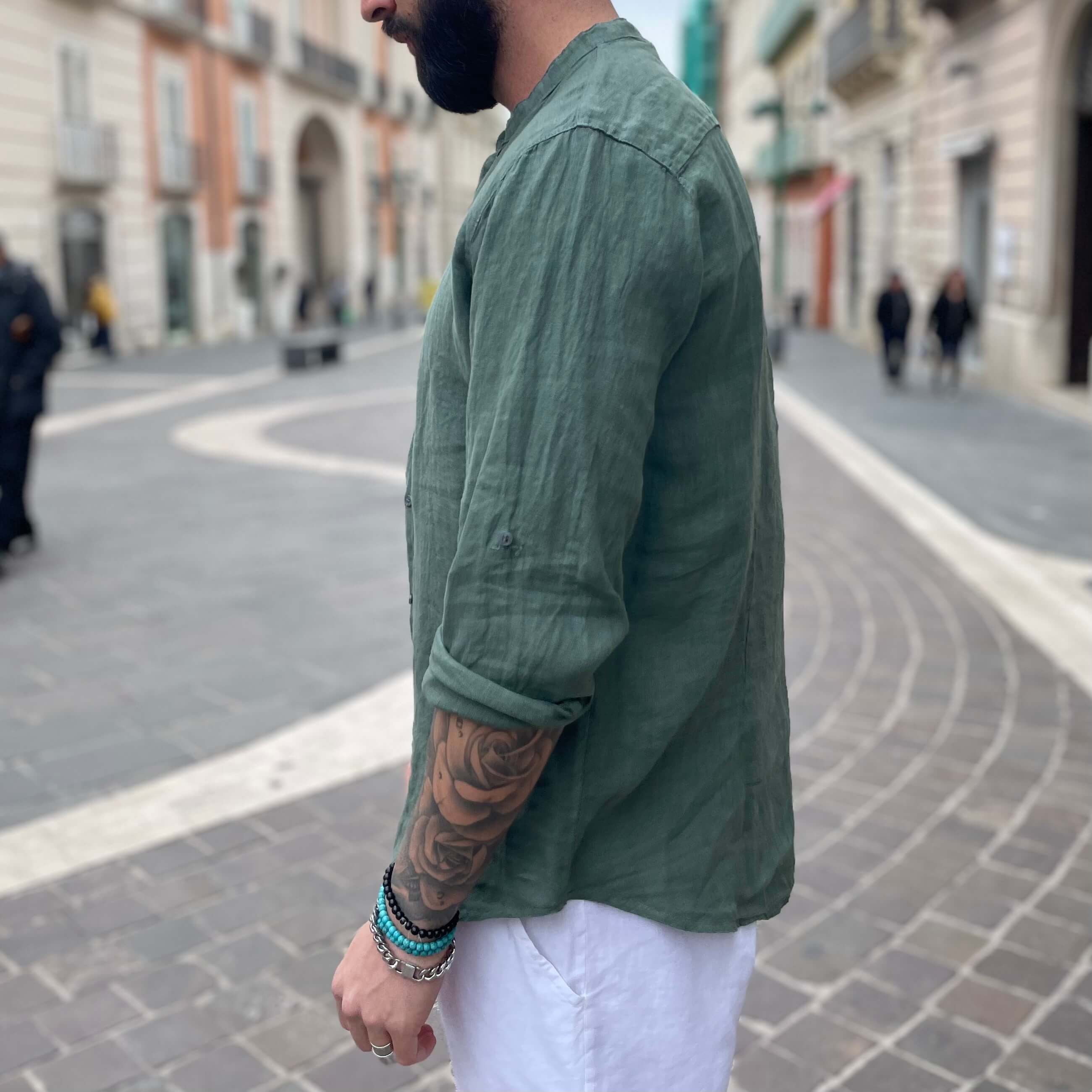 Camicia di lino verde collo coreano 2.0 - FLAG STORE