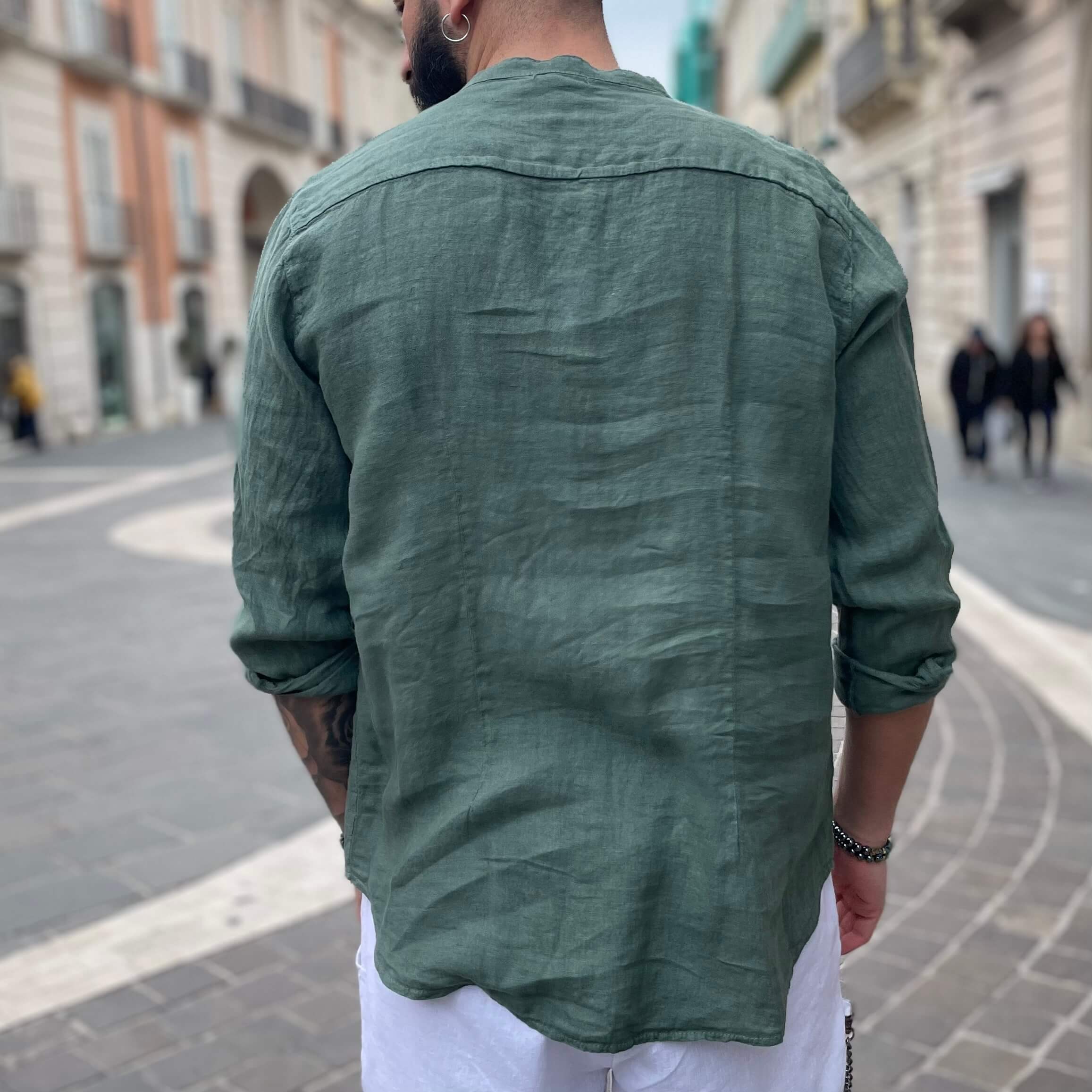 Camicia di lino verde collo coreano 2.0 - FLAG STORE