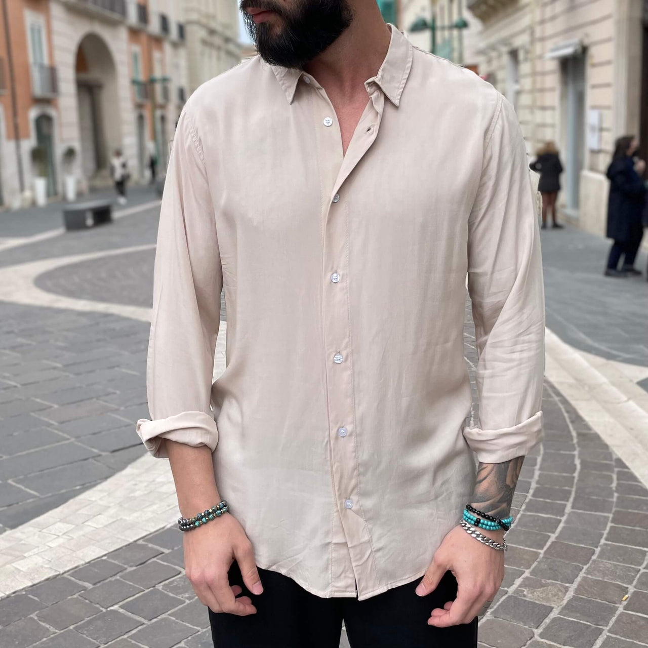 Camicia slim in viscosa crema - FLAG STORE