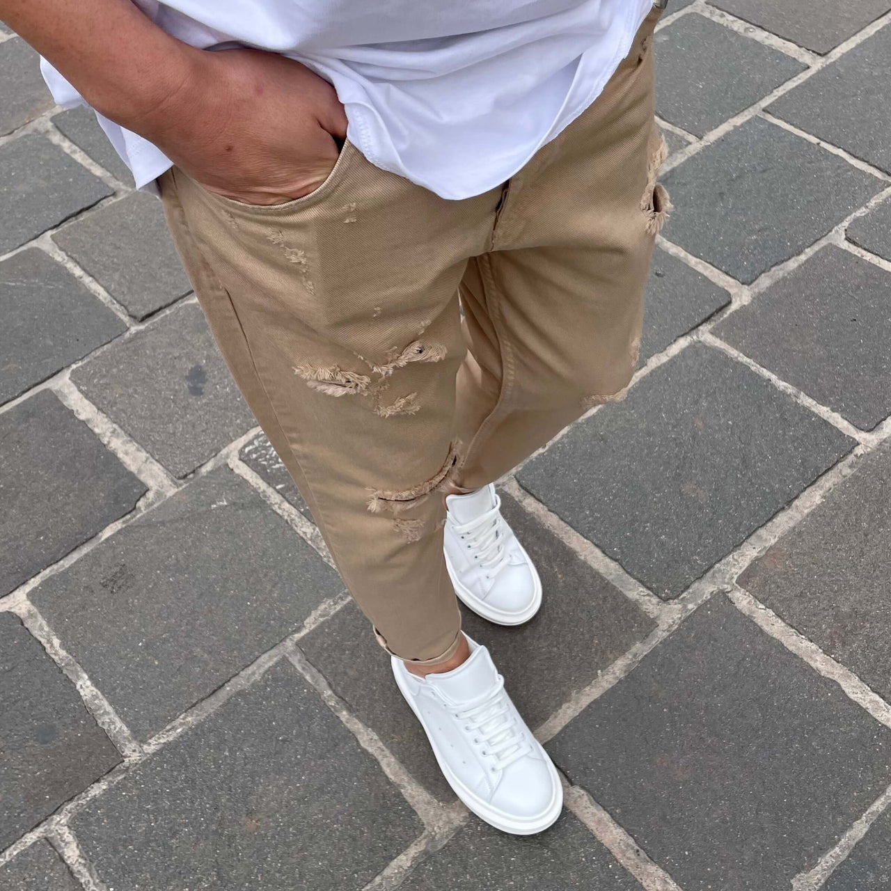 Jeans beige strappato 3.0 regular fit - FLAG STORE