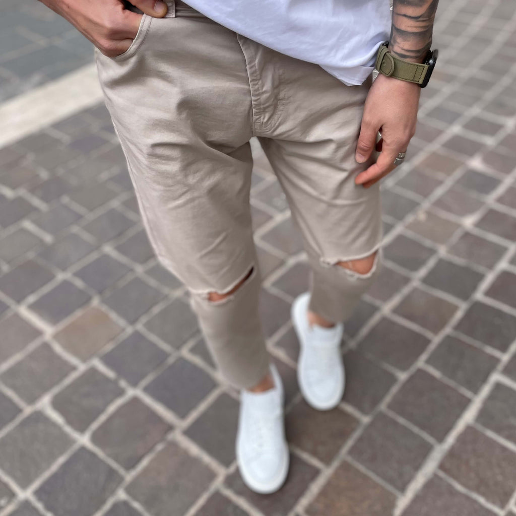 Jeans crema strappo al ginocchio - FLAG STORE