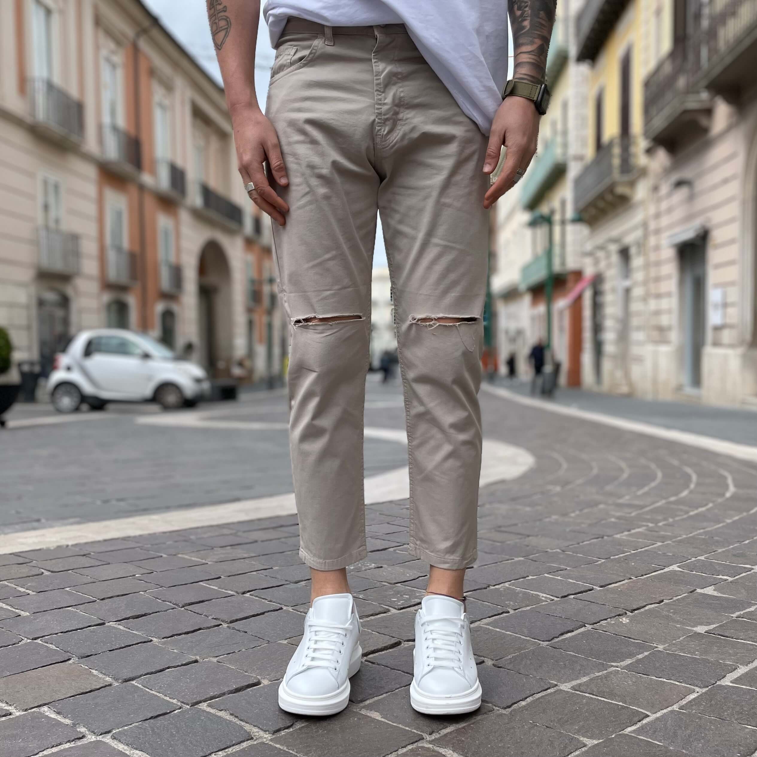 Jeans crema strappo al ginocchio - FLAG STORE