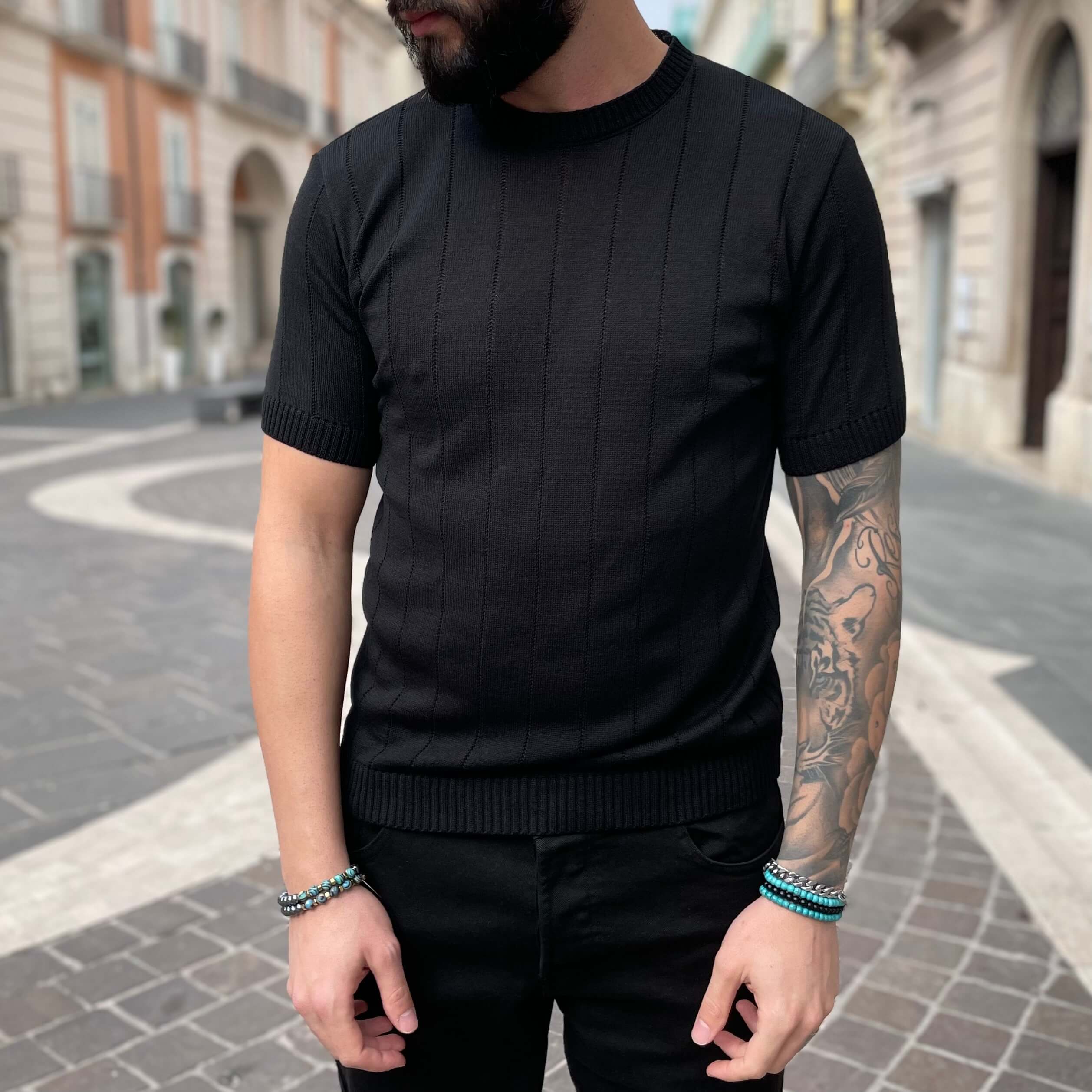 T-shirt di filo a costine nera - FLAG STORE