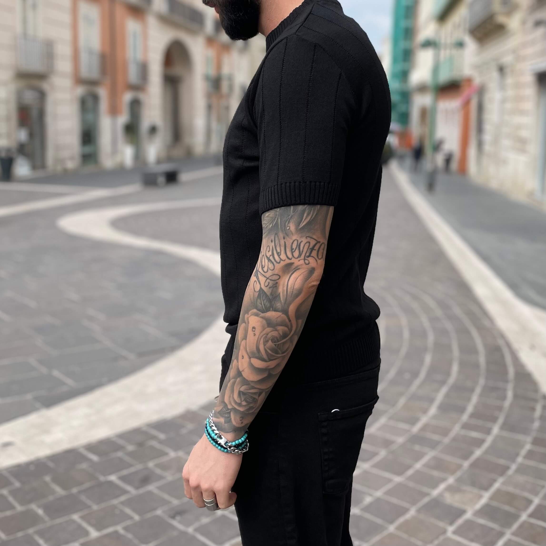 T-shirt di filo a costine nera - FLAG STORE