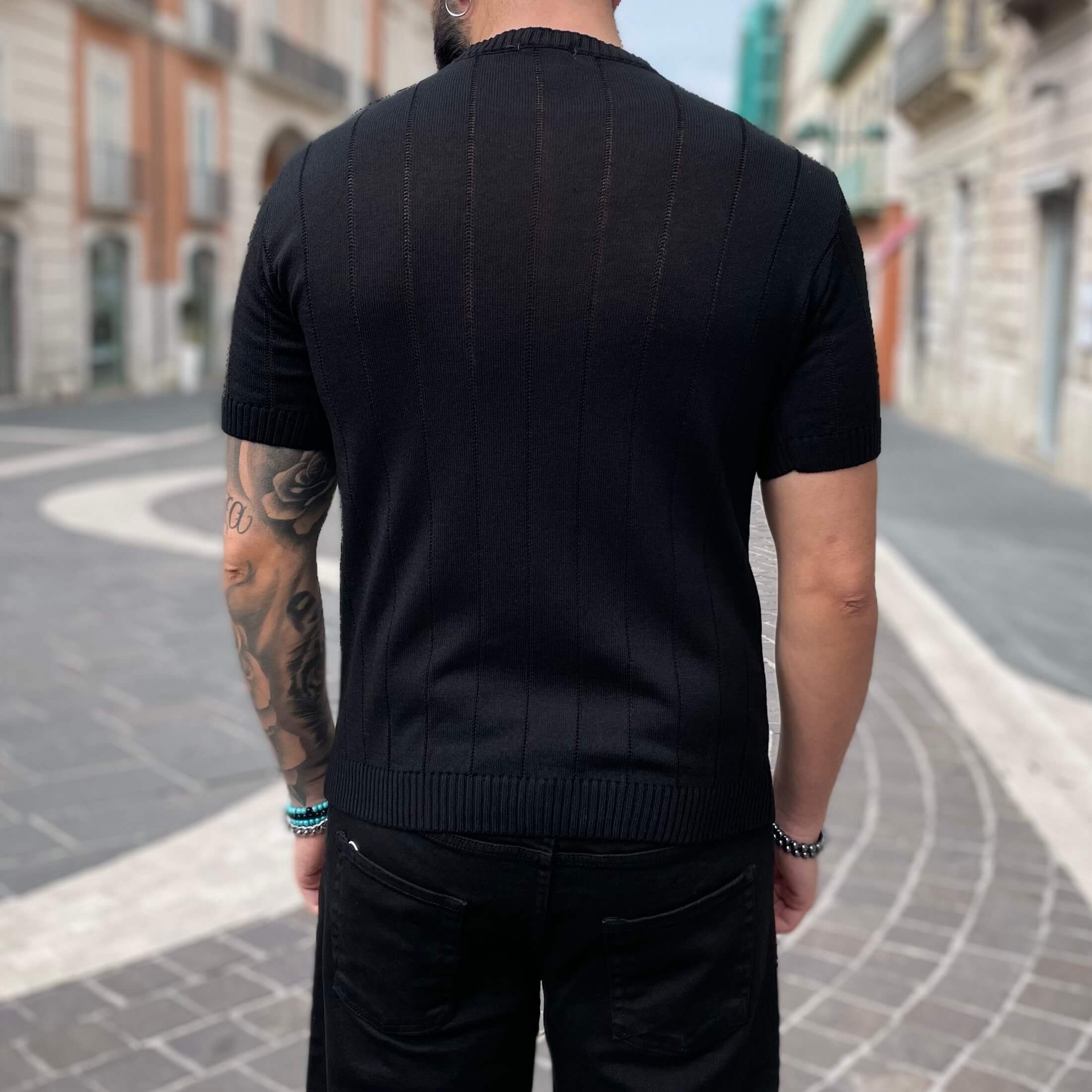 T-shirt di filo a costine nera - FLAG STORE