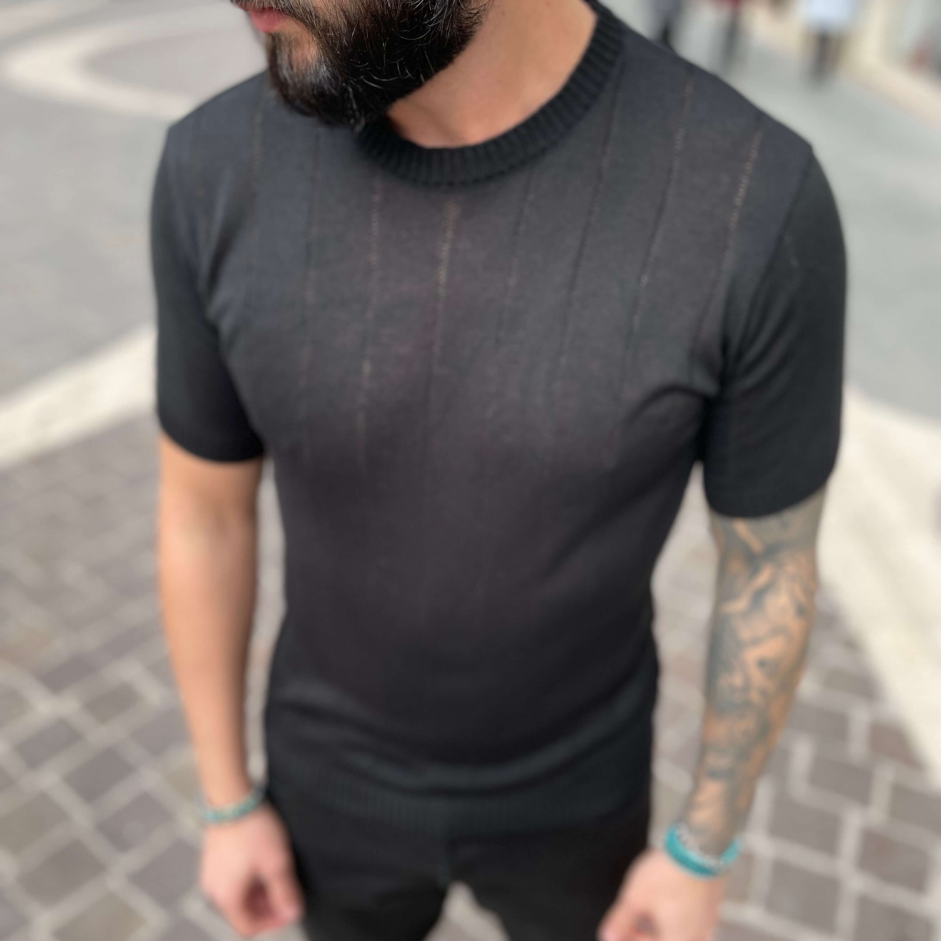 T-shirt di filo a costine nera - FLAG STORE