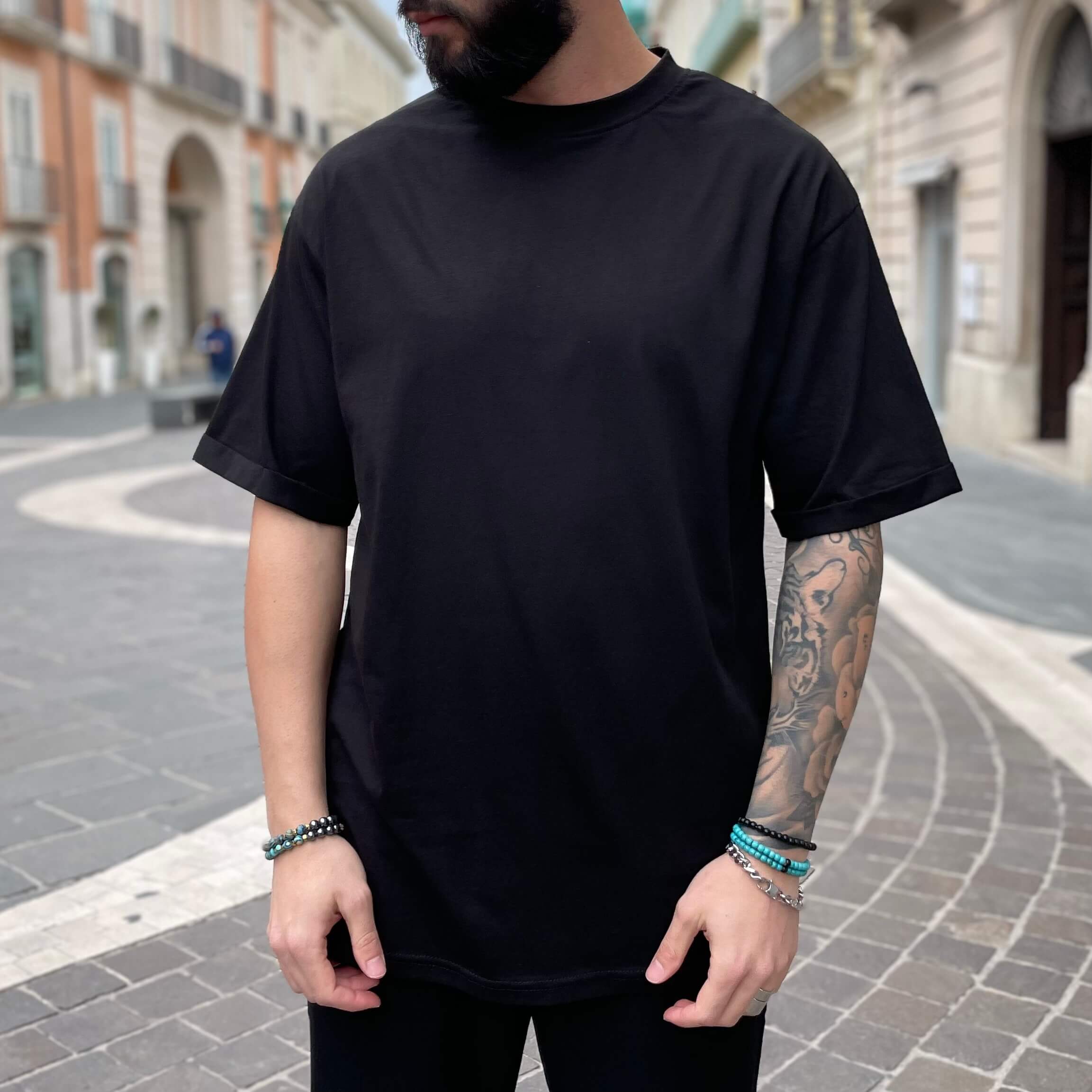 T-shirt nera stampa Rosa- FLAG STORE