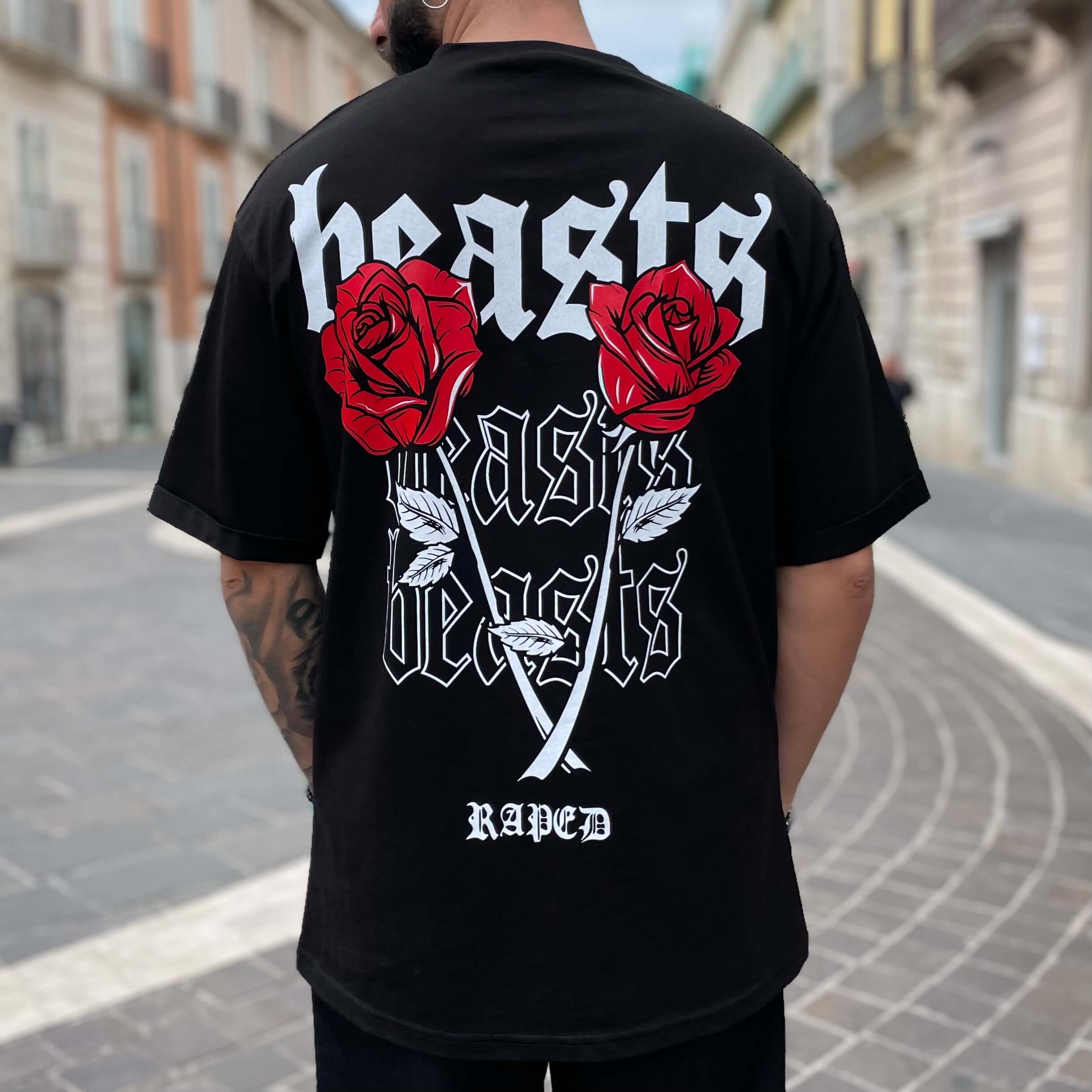 T-shirt nera stampa Rosa- FLAG STORE