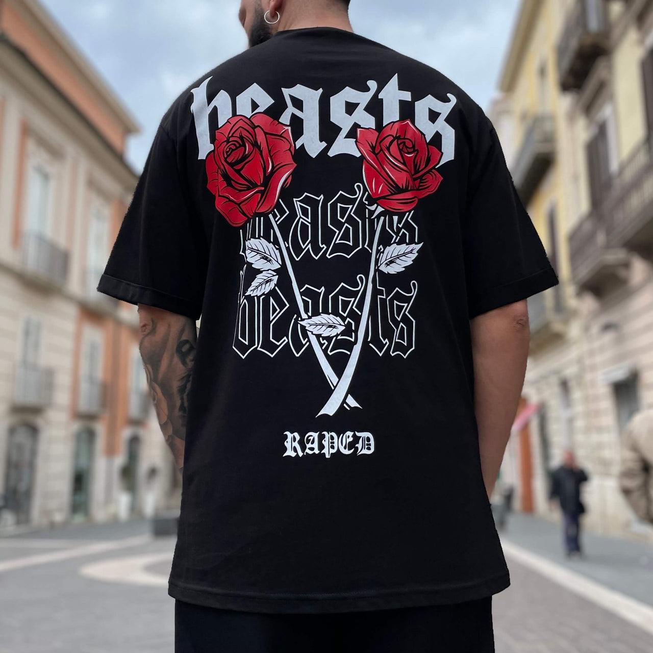 T-shirt nera stampa Rosa- FLAG STORE